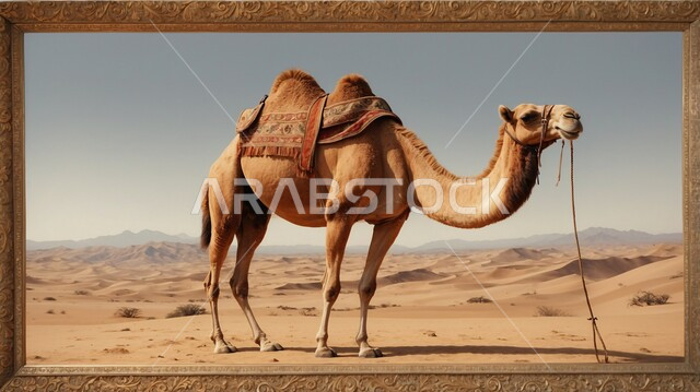 جمل عربي أصيل يسير وسط الصحراء في النهار، تربية الجمال والابل في المحميات الطبيعية في المملكة العربية السعودية ، التلال و الكثبان الرملية، الرمال الذهبية الناعمة، الاهتمام ورعاية المواشي والثدييات في الصحاري