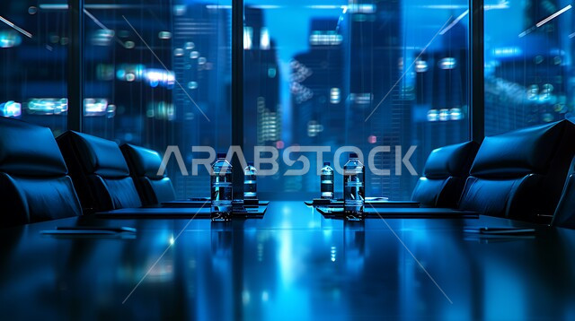 غرف مكتبية بتصاميم وديكورات داخلية فخمة، غرفة اجتماعات واسعة مع طاولة محاطة بكراسي، التصميم العصري الحديث للمكاتب في الشركات السعودية، النوافذ والواجهات الزجاجية، اطلالة خارجية على المباني والابراج