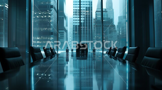 غرف مكتبية بتصاميم وديكورات داخلية فخمة، غرفة اجتماعات واسعة مع طاولة محاطة بكراسي، التصميم العصري الحديث للمكاتب في الشركات السعودية، النوافذ والواجهات الزجاجية، اطلالة خارجية على المباني والابراج