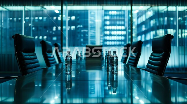 التصميم العصري الحديث للمكاتب في الشركات السعودية، غرفة اجتماعات واسعة مع طاولة محاطة بكراسي، غرف مكتبية بتصاميم وديكورات داخلية فخمة،  النوافذ والواجهات الزجاجية، اطلالة خارجية على المباني والابراج