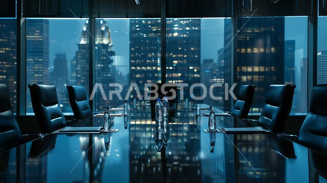 Windows and glass facades, modern contemporary design for offices in Saudi companies, spacious meeting room with table surrounded by chairs, office rooms with luxurious interior designs and decorations, external view of buildings and towers