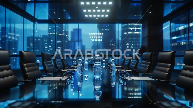  النوافذ والواجهات الزجاجية، التصميم العصري الحديث للمكاتب في الشركات السعودية، غرفة اجتماعات واسعة مع طاولة محاطة بكراسي، غرف مكتبية بتصاميم وديكورات داخلية فخمة، اطلالة خارجية على المباني والابراج