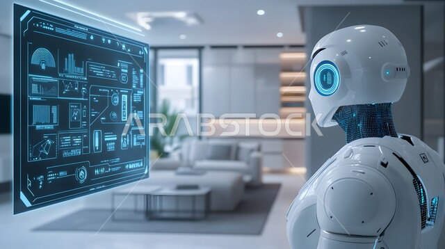 Technological development on planet Earth, replacing human labor force with robots, Saudi Vision 2030, advanced intelligent robot, achieving industrial revolution, innovation, science and artificial intelligence technology