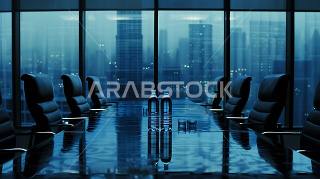  غرفة اجتماعات واسعة مع طاولة محاطة بكراسي، النوافذ والواجهات الزجاجية، التصميم العصري الحديث للمكاتب في الشركات السعودية، غرف مكتبية بتصاميم وديكورات داخلية فخمة، اطلالة خارجية على المباني والابراج