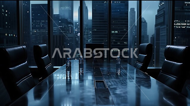  غرفة اجتماعات واسعة مع طاولة محاطة بكراسي، النوافذ والواجهات الزجاجية، التصميم العصري الحديث للمكاتب في الشركات السعودية، غرف مكتبية بتصاميم وديكورات داخلية فخمة، اطلالة خارجية على المباني والابراج