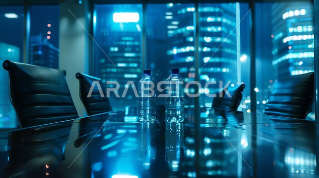  غرفة اجتماعات واسعة مع طاولة محاطة بكراسي، النوافذ والواجهات الزجاجية، التصميم العصري الحديث للمكاتب في الشركات السعودية، غرف مكتبية بتصاميم وديكورات داخلية فخمة، اطلالة خارجية على المباني والابراج