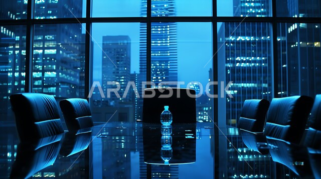 غرف مكتبية بتصاميم وديكورات داخلية فخمة، غرفة اجتماعات واسعة مع طاولة محاطة بكراسي، التصميم العصري الحديث للمكاتب في الشركات السعودية، النوافذ والواجهات الزجاجية، اطلالة خارجية على المباني والابراج