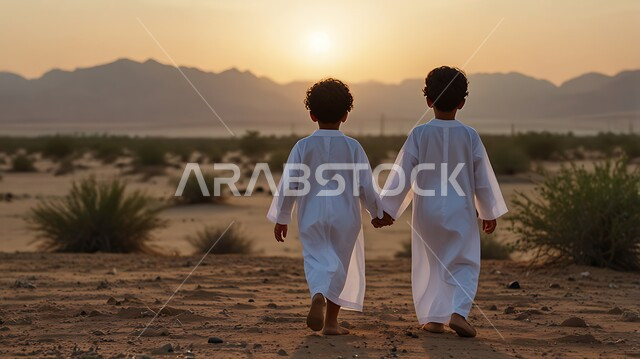شعبيات وتراث المملكة العربية السعودية, صورة من الخلف لطفلان عربيان يرتديان الثوب الخليجي يقومان بالتجول على المرتفعات الجبلية, النباتات لشوكية الصحراوية, الحياة التقليدية البدوية في الصحراء
