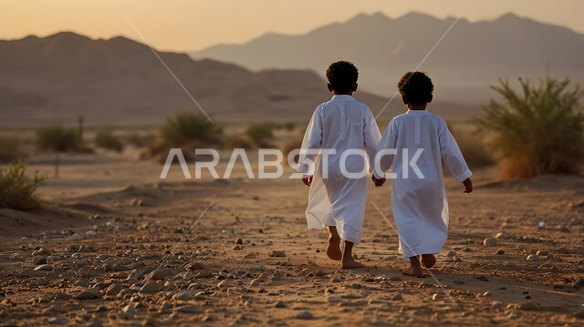 شعبيات وتراث المملكة العربية السعودية, صورة من الخلف لطفلان عربيان يرتديان الثوب الخليجي يقومان بالتجول على المرتفعات الجبلية, النباتات الشوكية الصحراوية, الحياة التقليدية البدوية في الصحراء