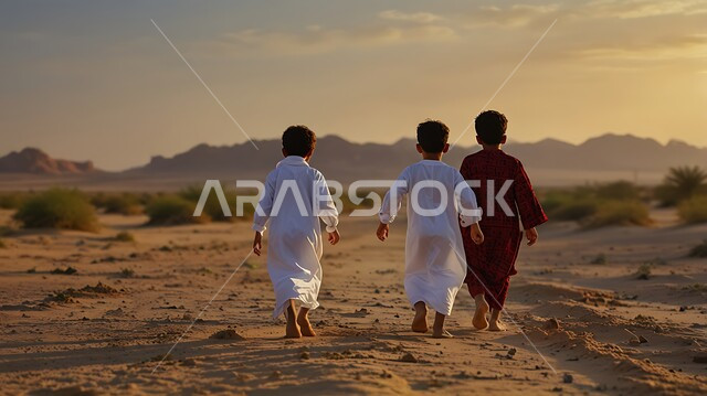 الحياة التقليدية البدوية في الصحراء, شعبيات وتراث المملكة العربية السعودية, صورة من الخلف لمجموعة من الأطفال يرتدون الثوب الخليجي, النباتات الشوكية الصحراوية, مناطق البادية والبيئة الصحراوية وقت غروب الشمس