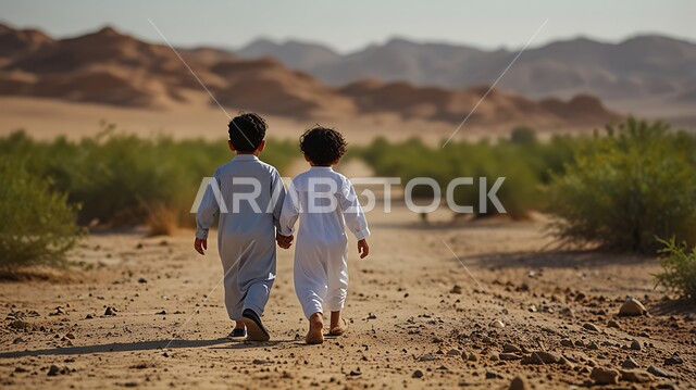 الحياة التقليدية البدوية في الصحراء, شعبيات وتراث المملكة العربية السعودية, صورة من الخلف لطفلان عربيان يرتديان الثوب الخليجي يقومان بالتجول على المرتفعات الجبلية, النباتات الشوكية الصحراوية 