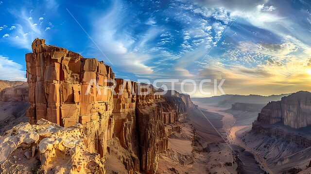 التكوينات والتشكيلات الصخرية في المناطق الصحراوية, التضاريس في القمم والمرتفعات الجبلية, منظر السماء المليئة بالغيوم والسحب البيضاء, مناطق السياحة وقضاء الوقت الممتع, أماكن الرحلات والمغامرات السياحية في الصحاري السعودية