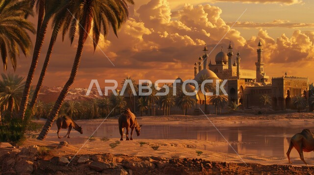 حيوانات التنقل و الترحال في القدم، قافلة من الإبل تسير فوق الكثبان الرملية في طريق صحراوي، تربية الجمال والنوق العربية في المحميات الطبيعية في البادية، المناظر الطبيعية والرمال الذهبية الناعمة في المملكة العربية السعودية، الحياة البدوية الشعبية القديمة 