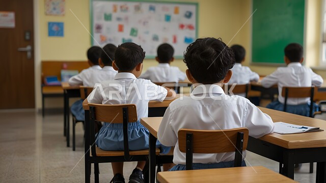 An advanced educational school environment, modern innovative classrooms, high quality of education, academic schools in the Kingdom of Saudi Arabia, a picture from the back of a group of Saudi Gulf Arab students sitting in the school classroom
