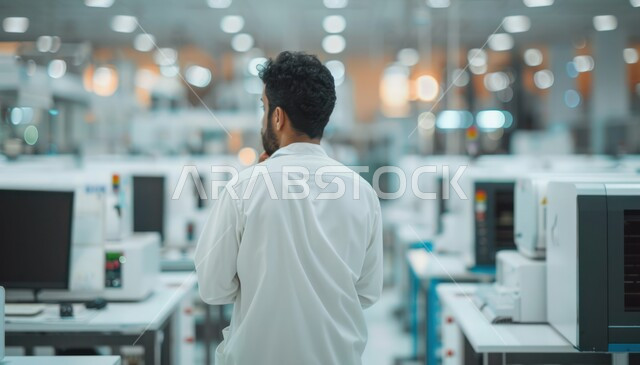  تقدم التكنولوجيا الحيوية في المختبرات العلمية، مفهوم البحث والتطوير العلمي للعينات عبر الأجهزة الحديثة المتطورة في مخبر الأبحاث الطبية، صورة من الخلف لرجل عربي خليجي سعودي يرتدي الثوب التقليدي يقف في مركز أبحاث سعودي عصري  في المملكة العربية السعودية