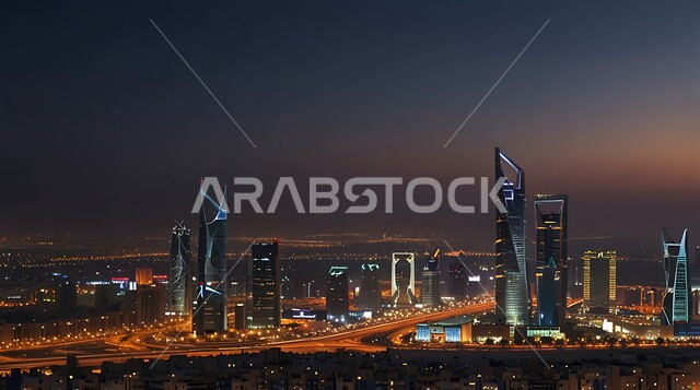 منظر تخيلي مستقبلي للتقدم والنمو العمراني في وقت الليل، المباني والمنشآت التجارية الشاهقة في المملكة العربية السعودية، رؤية سعودية مستقبلية 2030، الفن الهندسي المعماري للأبراج وناطحات السحاب، بناء مستقبل حضاري ومتطور