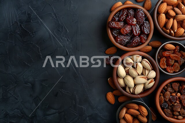 Delicious Ramadan hospitality, delicious healthy nuts and dates, plates full of dates, dried fruits and fresh almonds, Saudi national agricultural crops and local products, healthy and useful food, high nutritional value meal,