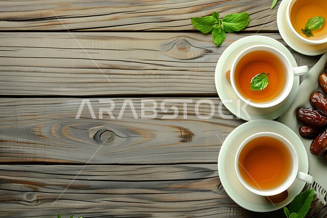 كأس من الشاي مع حبات التمر الطازجة، المشروبات الصحية الساخنة، وجبة ذات قيمة غذائية عالية، المنتجات والمحاصيل المحلية الوطنية في المملكة العربية السعودية، فطور صحي ومفيد