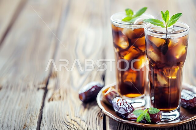 كأس من الشاي مع حبات التمر الطازجة، المشروبات الصحية الساخنة، وجبة ذات قيمة غذائية عالية، المنتجات والمحاصيل المحلية الوطنية في المملكة العربية السعودية، فطور صحي ومفيد