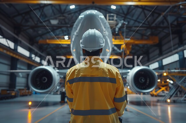 Working in the field of structural engineering, supervising the progress of excavation and construction works, a picture from the back of a Saudi Arabian Gulf engineer following up on plans at the work site, wearing the work protective clothing and helmet, following up on the implementation of architectural projects, Saudi professions and jobs