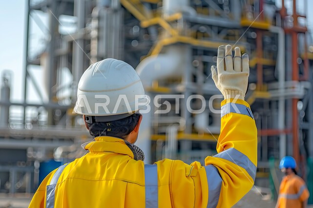 Working in the field of structural engineering, supervising the progress of excavation and construction works, a picture from the back of a Saudi Arabian Gulf engineer following up on plans at the work site, wearing the work protective clothing and helmet, following up on the implementation of architectural projects, Saudi professions and jobs