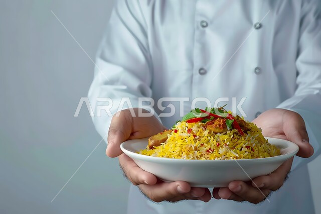 وصفات الطعام الصحية الشهية، صحن من رز الكبسة مع الخضراوات، فنون تقديم الطعام في المطاعم الشرقية، مأكولات وأطباق عربية تقليدية، طبق من أرز البرياني المطهي