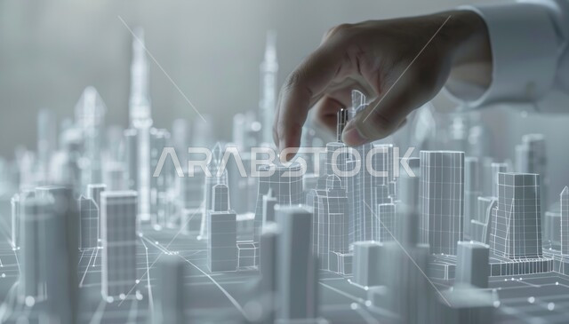 New designs and shapes of engineering projects, technical and technological progress in the field of architectural engineering design, a close-up image of the hand of a Saudi Arabian Gulf engineer explaining and implementing construction plans, miniature models of towers in future neighborhoods and cities in the Kingdom of Saudi Arabia