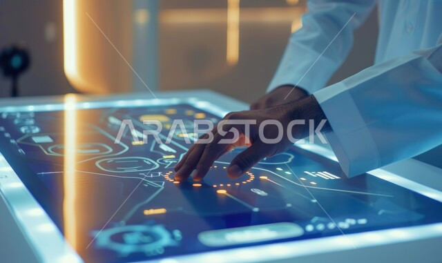 New designs and shapes of engineering projects, technical and technological progress in the field of architectural engineering design, a close-up image of the hand of a Saudi Arabian Gulf engineer explaining and implementing construction plans, miniature models of towers in future neighborhoods and cities in the Kingdom of Saudi Arabia