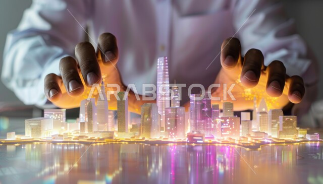 التصاميم والأشكال الجديدة للمشاريع الهندسية، التقدم التقني والتكنولوجي في مجال التصميم الهندسي المعماري، صورة مقربة ليدي مهندس عربي خليجي سعودي يقوم بشرح وتنفيذ المخططات الإنشائية، مجسمات مصغرة للأبراج في الأحياء والمدن المستقبلية في المملكة العربية السعودية