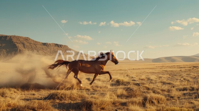 تربية وتدريب وترويض الخيول، توارث حب الخيول من الأجداد إلى الأحفاد، العناية والاهتمام بالجياد، حصان عربي أصيل بني اللون يعدو فوق الرمال الذهبية الناعمة فب المناطق الصحراوية، شغف الفروسية ومهارة ركوب الخيل، المحميات الطبيعية في المملكة العربية السعودية