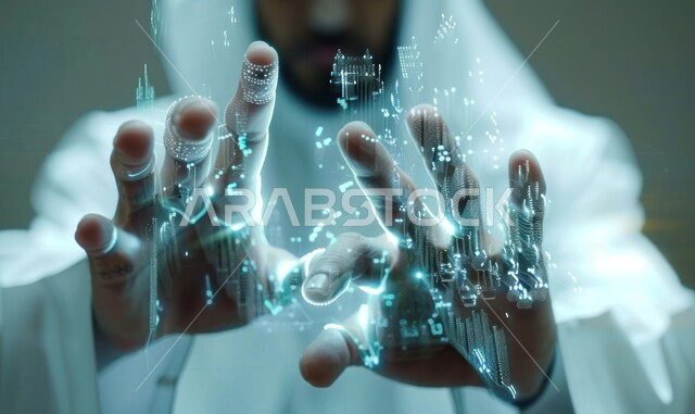 النمو والتقدم التكنولوجي، تحسين كفاءة العمل، استخدام التقنيات الالكترونية الحديثه، صورة مقربة ليدين شخص يقوم بلمس الأيقونات الافتراضية، شاشات الكترونية مضيئة، مفهوم تنمية الاعمال والاقتصاد، عناصر ورموز هولوجرامية ثلاثية الابعاد