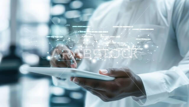 النمو والتقدم التكنولوجي، تحسين كفاءة العمل، استخدام التقنيات الالكترونية الحديثه، صورة مقربة ليدين شخص يقوم بلمس الأيقونات الافتراضية، شاشات الكترونية مضيئة، مفهوم تنمية الاعمال والاقتصاد، عناصر ورموز هولوجرامية ثلاثية الابعاد