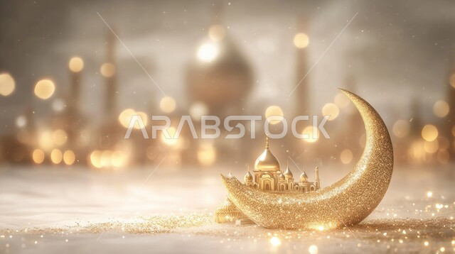 مجسم ثلاثي الأبعاد لهلال شهر رمضان المبارك باللون الذهبي ،أماكن العبادة والصلاة والخشوع ،أجواء رمضانية روحانية ،البهجة بقدوم شهر المغفرة ،خلفية المساجد الإسلامية