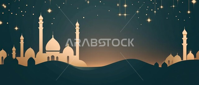 الأعياد والمناسبات الدينية الإسلامية ،صورة بانورامية لقبب ومآذن أحد مساجد المملكة العربية السعودية وسط التلال والكثبان الرملية، أماكن العبادة والتقرب إلى الله ،ديكورات وزينة وتصاميم شهر المغفرة ،رسوم توضيحية لمسجد على الطراز الإسلامي ،أجواء رمضانية روحانية