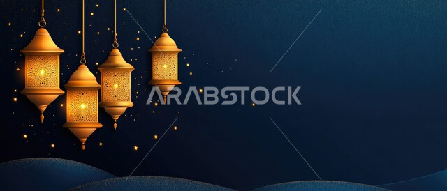 المناسبات والأعياد الدينية الإسلامية ،صورة بانورامية للفوانيس المعدنية التقليدية المعلقة المضاءة ،الأجواء الروحانية الرمضانية ،البهجة بقدوم شهر الخير ،ديكورات وزينة رمضان المبارك