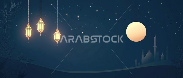 الأجواء الروحانية الرمضانية ،صورة بانورامية للفوانيس المعدنية التقليدية المعلقة المضاءة ،البدر المضيء في السماء ،،المناسبات والأعياد الدينية الإسلامية ،البهجة بقدوم شهر الخير ،خلفية اسلامية دينية