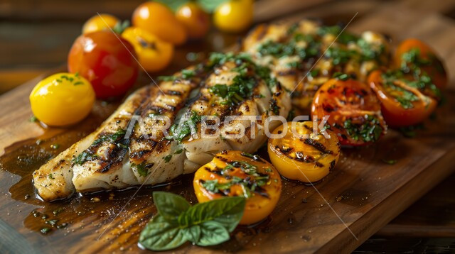 طرق تقديم شهية، صورة من الاعلى لطبق من السمك المشوي مع الطمام والأعشاب، مأكولات بحرية ووصفات بنكهات متميزة، وجبة طعام غذائية صحية، مطاعم شرقية في المملكة