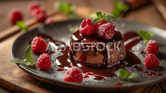 حلى بالشوكولا مع حبات التوت والنعنع المنعش، الحلويات العربية الشرقية الشهية، أطعمة ومأكولات مليئة بالسكريات والسعرات الحرارية، فنون تقديم الطعام في مطاعم المملكة العربية السعودية