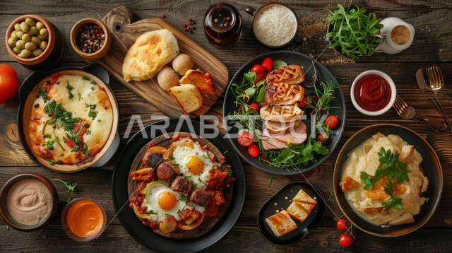 Delicious breakfast, a table full of healthy recipes, the art of presenting delicious oriental foods, traditional Arabic foods and dishes, restaurants in the Kingdom of Saudi Arabia