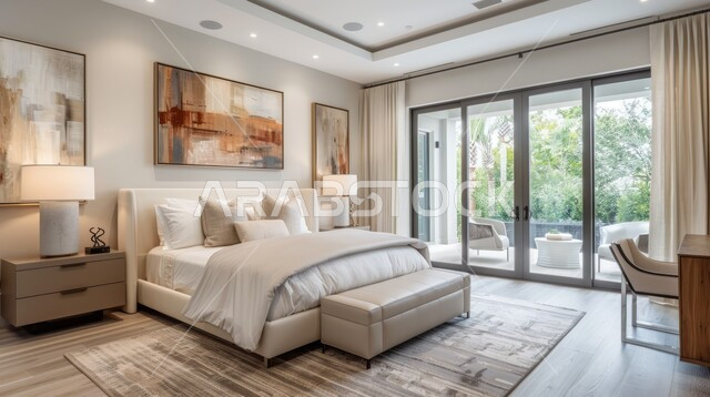 واجهة زجاجية مطلة على الطبيعة، تصاميم وديكورات داخلية أنيقة لغرفة نوم مريحة، فلل وشقق سكنية في المملكة العربية السعودية، غرف ذات تصميم عصري وفخم، تحف وإكسسوارات وأثاث منزلي راقي، سرير مريح بألوان هادئة