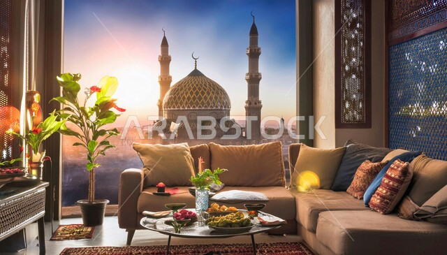 العزائم والولائم في الأعياد والمناسبات الإسلامية، المقبلات والأطباق والأصناف العربية الشرقية اللذيذة، مائدة طعام مليئة بالوجبات المتنوعة الرمضانية، سفرة من المأكولات الشعبية التقليدية الشهية، أجواء شهر رمضان المبارك