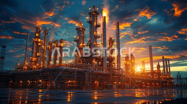 مصانع ومعامل في السعودية عند الغروب، هندسات ومعدات صناعية، صناعات ومشاريع بيتروكيماوية، النمو والتقدم الاقتصادي، مصفاة دخان المعامل، مصنع تكرير النفط والغاز, مستودعات ضخمة و كبيرة، منظر دخان المعامل في الجو, انتاج البترول في المملكة