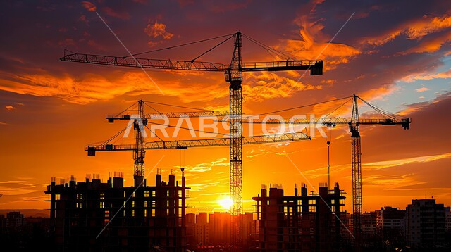 مفهوم الهندسة الانشائية والمعمارية, برج تحت التشييد باستخدام الآليات الحديثة في المملكة العربية السعودية, أعمال البناء وصب الخرسانات ووضع الأساسات, تنفيذ مخطط الإعمار وتشكيل الهيكل المعدني, صورة ظلية للآلات والمعدات الثقيلة والرافعات والسقالات العالية, سالويت