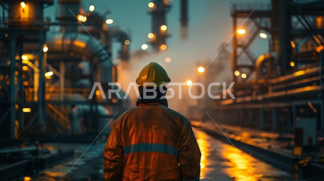 الاشراف على المشاريع في موقع العمل، صورة مقربة من الخلف لمهندس عربي خليجي سعودي يرتدي سترة وخوذة الحماية يقف في مقر الإنشاءات، تطور ونمو القطاع الصناعي في المملكة، مهن ووظائف هندسية سعودية