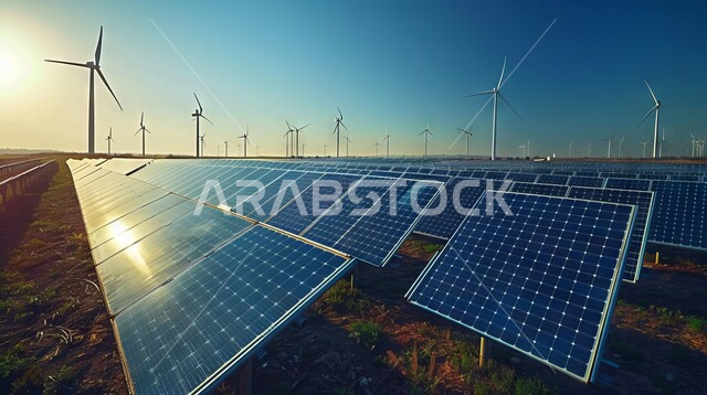 محطات الطاقات الشمسية المتجددة, مفهوم انتاج الطاقة البديلة الصديقة للبيئة في المملكة العربية السعودية, تطوير البنية التحتية الحضرية والريفية, صورة مقربة لمجموعه من ألواح الطاقة الكهروضوئية على الأسطح, خلفية السماء الزرقاء الصافية 