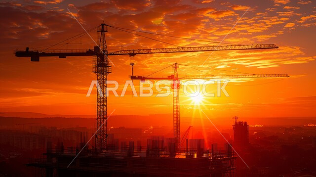 برج تحت التشييد باستخدام الآليات الحديثة في المملكة العربية السعودية, أعمال البناء وصب الخرسانات ووضع الأساسات, تنفيذ مخطط الإعمار وتشكيل الهيكل المعدني, صورة ظلية للآلات والمعدات الثقيلة والرافعات والسقالات العالية, مفهوم الهندسة الانشائية والمعمارية, سالويت