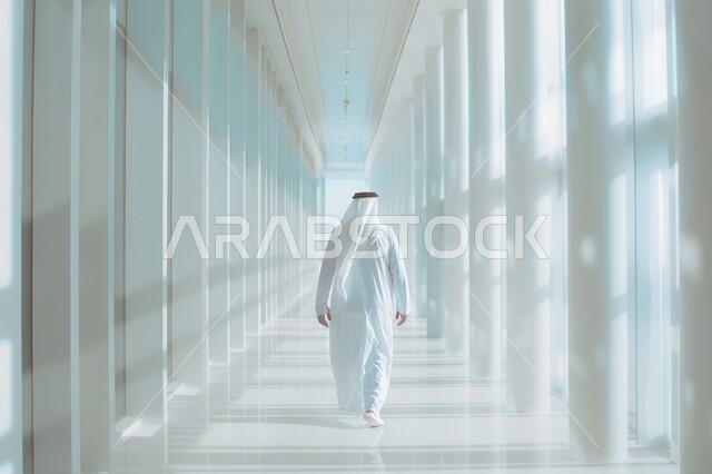 التصاميم والديكورات الداخلية الراقية للشركات والمكاتب، صورة من الخلف لرجل عربي سعودي خليجي يرتدي الثوب التقليدي يقف في الممر، الفن الهندسي المعماري على الطراز الحديث، مهن ووظائف إدارية مكتبية، إنجاز مهام العمل المطلوبة