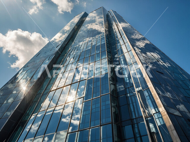 انعكاس السحب البيضاء والسماء على سطح الأبراج, المباني والمنشآت التجارية في المملكة، رؤية سعودية مستقبلية 2030، الفن الهندسي المعماري لناطحات السحاب، بناء مستقبل حضاري ومتطور، أماكن ومعالم سياحية مشهورة، منظر تخيلي مستقبلي للتقدم و النمو العمراني