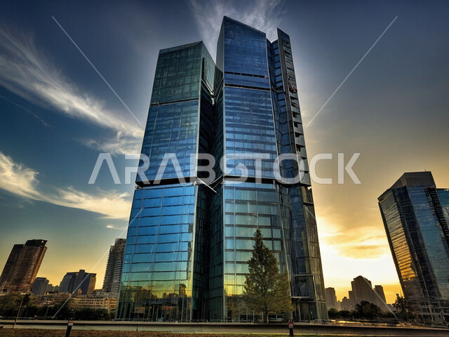 Towers, buildings and commercial facilities, Saudi Vision 2030, concept of engineering development, imaginary future view of progress and urban growth, modern architectural arts and engineering designs for skyscrapers in the Kingdom of Saudi Arabia