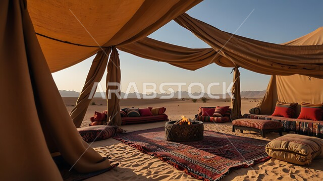 Arab heritage councils in the wilderness, the concept of desert life, popular camps in the deserts of the Kingdom of Saudi Arabia, desert tourist camping places and areas, soft golden sand dunes